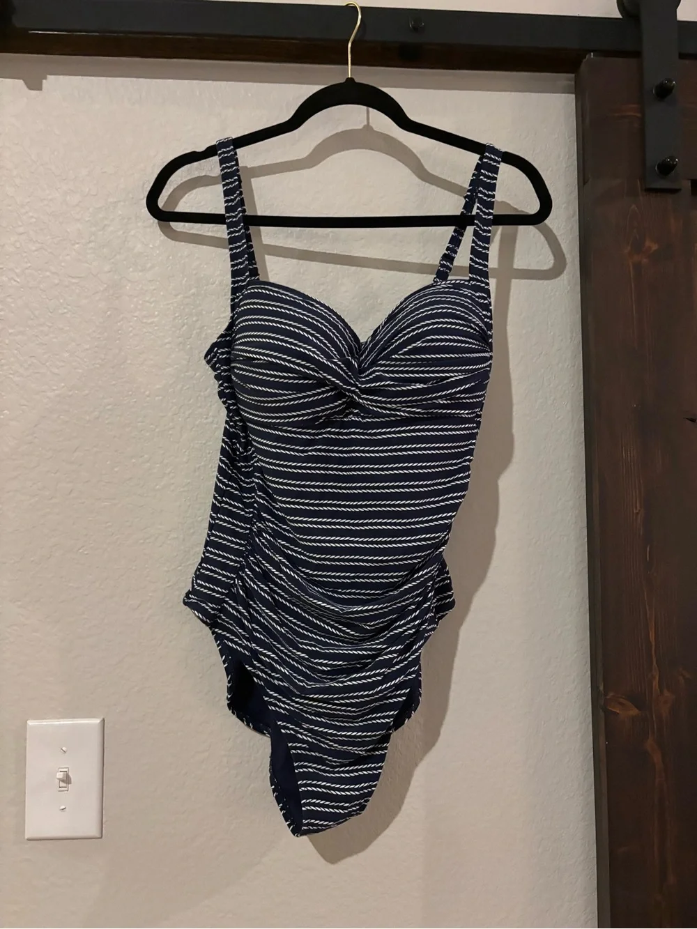 Women’s Striped Navy and White One-Piece Swimsuit with Twist Front